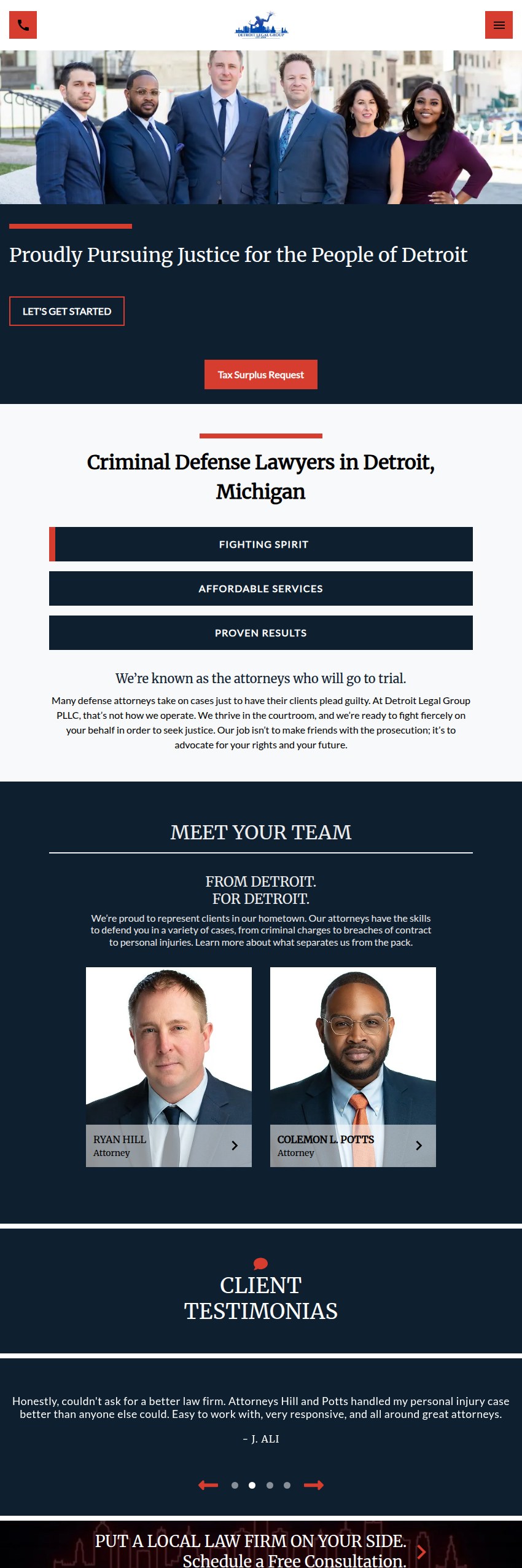 Screenshot of the Detroit Legal Group PLLC website