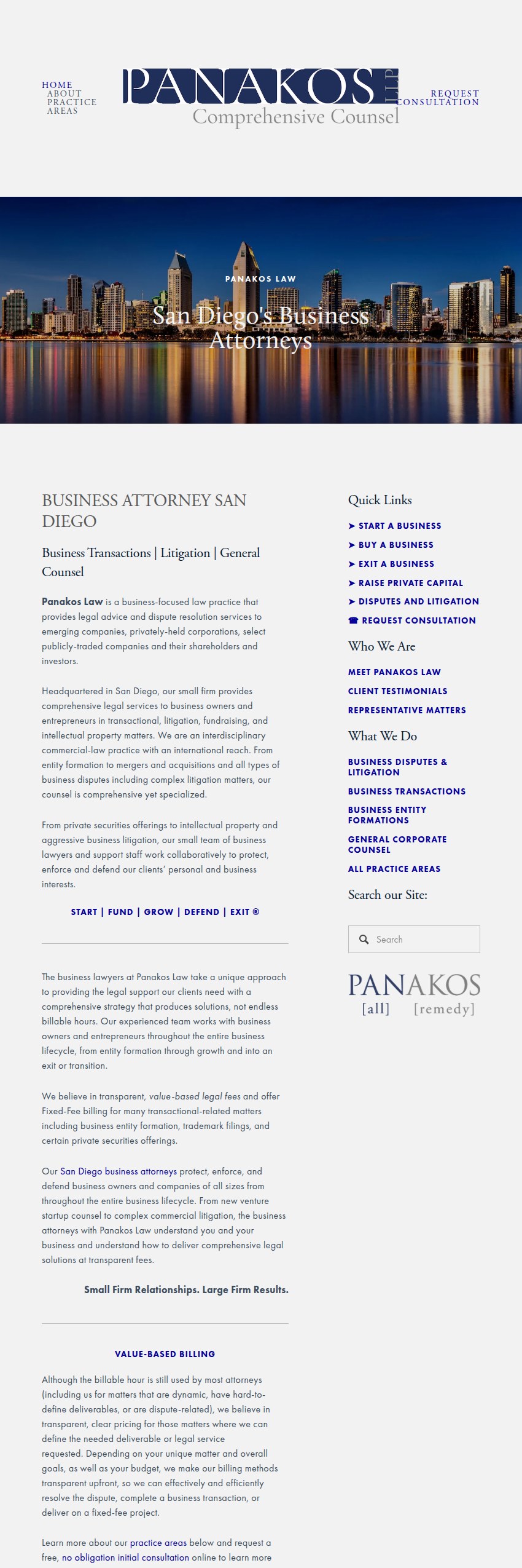 Screenshot of the Panakos Law, APC website