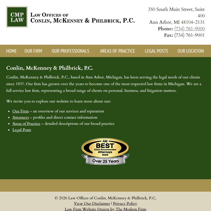 Screenshot of the Law Offices of Conlin, McKenney & Philbrick, P.C. website