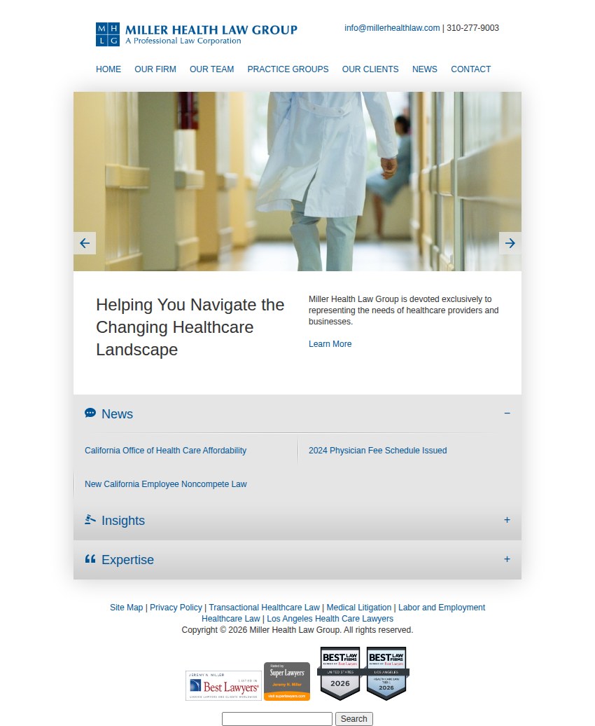 Screenshot of the Miller Health Law Group, A Professional Law Corporation website