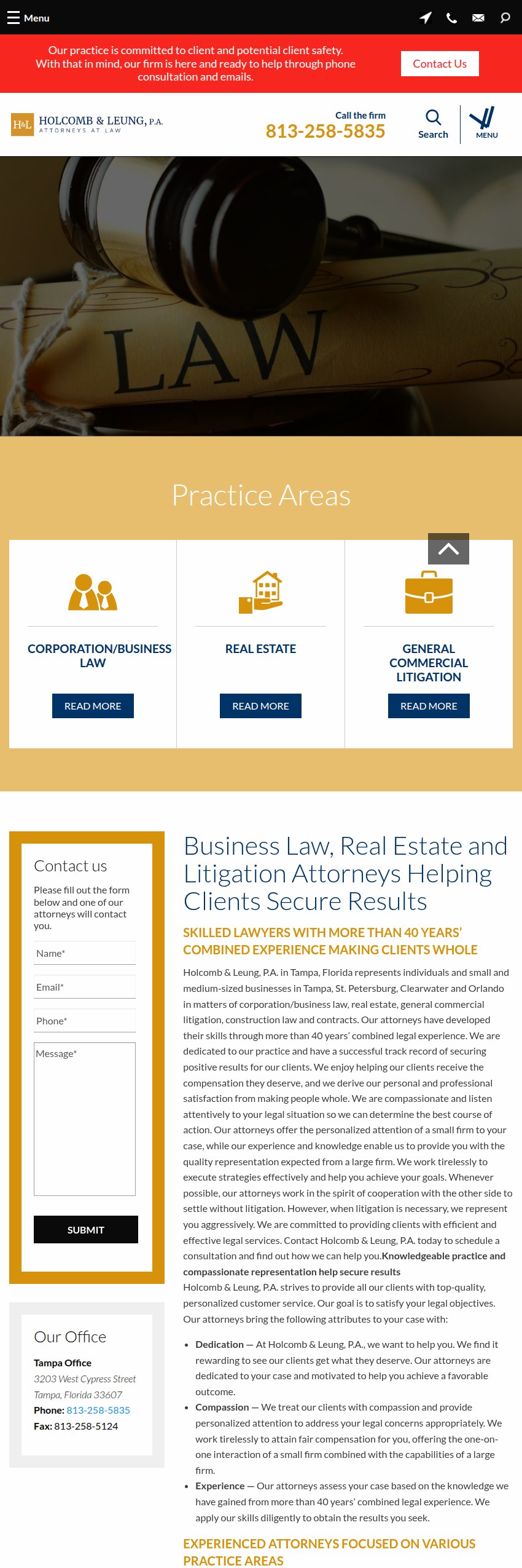 Screenshot of the Holcomb & Leung, P.A. website