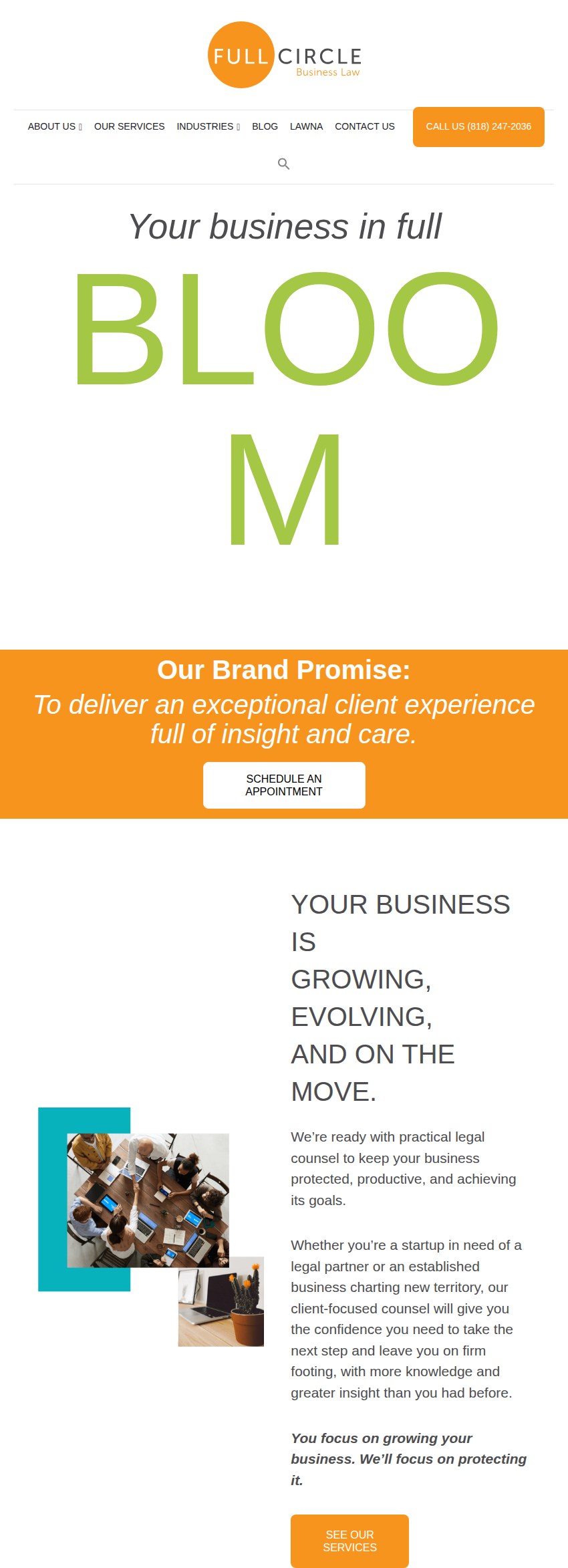 Screenshot of the Full Circle Business Law, PC website