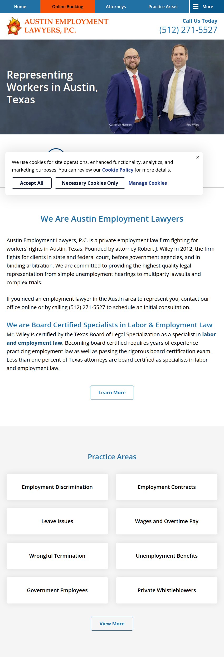 Screenshot of the Austin Employment Lawyers, P.C. website