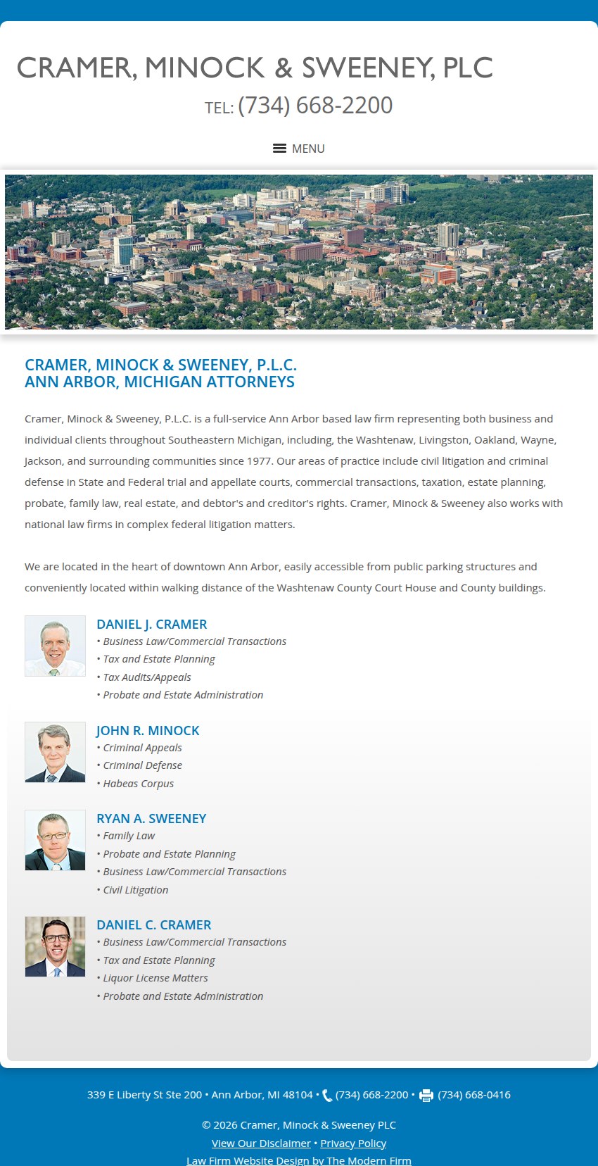 Screenshot of the Cramer, Minock & Sweeney, P.L.C. website