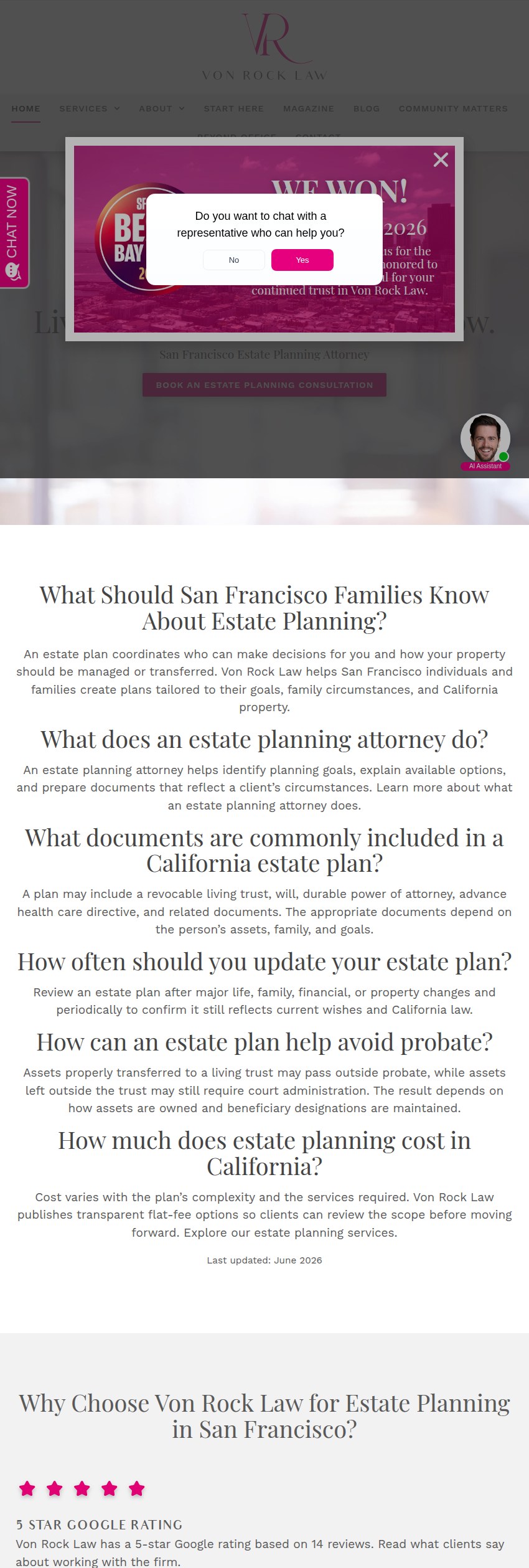 Screenshot of the Von Rock Law, PC website