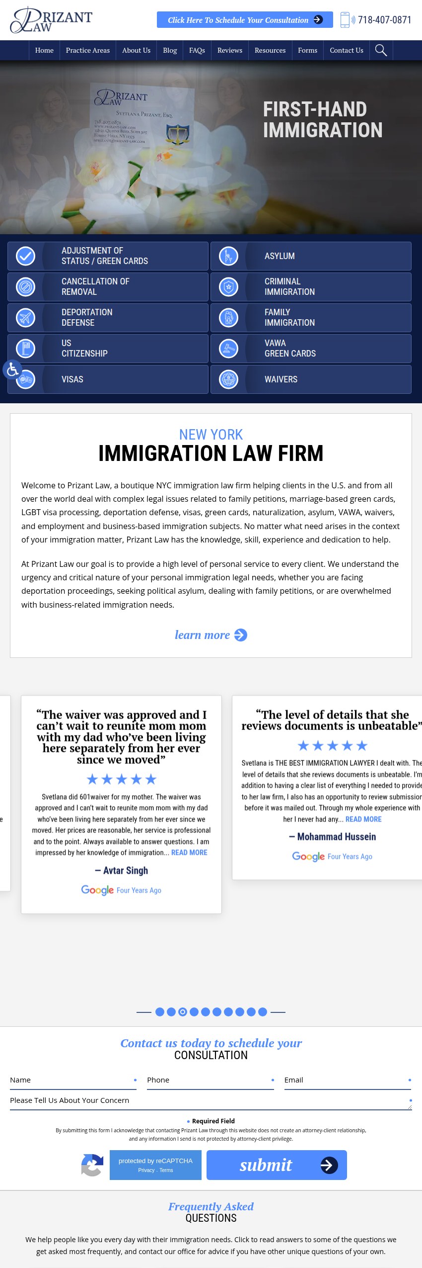 Screenshot of the Prizant Law P.C. website