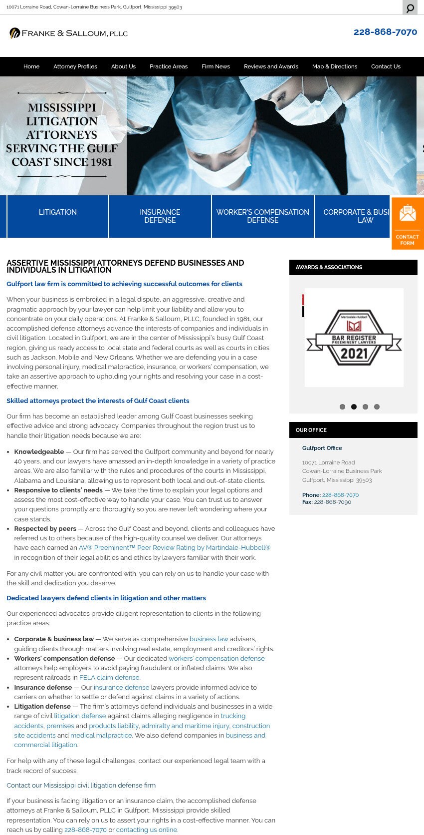 Screenshot of the Franke & Salloum, PLLC website