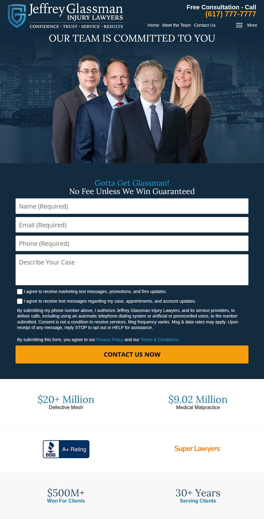 Screenshot of the Jeffrey Glassman Injury Lawyers website